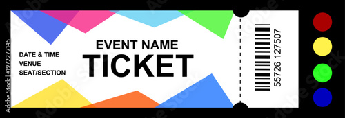 Modern event ticket template with colorful geometric design, blank admission pass with barcode, creative concert or festival entry ticket vector