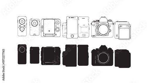 Vintage camera collection a black and white line art illustration