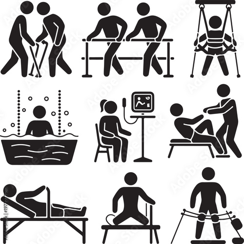 Various physical therapy and rehabilitation exercises depicted through illustrations