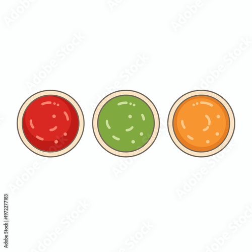 Three colorful sauces in circular bowls, restaurant serving condiments