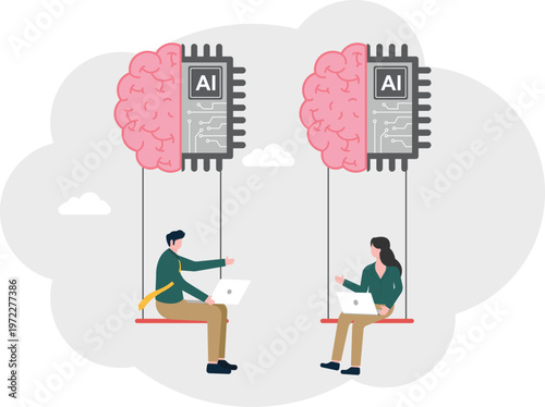 Man and woman working on swings under AI brain icons