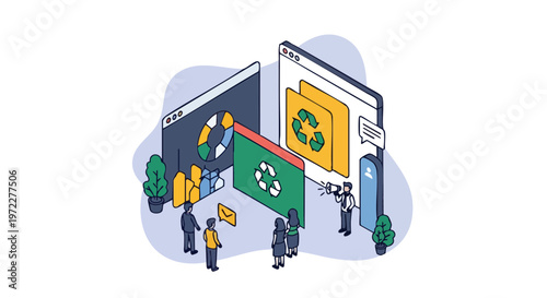 Isometric illustration of environmental advocacy and green data