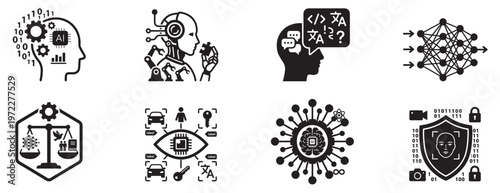 artificial intelligence icon set with neural network robotics and data analysis symbols, digital technology and machine learning concepts in outline style isolated on transparent background
