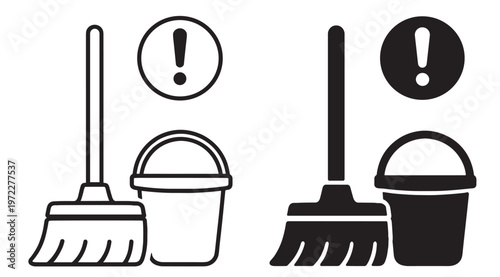 cleaning mop and bucket with caution sign icon set, sanitation and maintenance equipment symbol with warning indicator in outline and silhouette styles isolated on transparent background