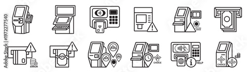 atm and banking terminal icon set, payment machine and cash transaction devices with finance technology symbols in outline style isolated on transparent background