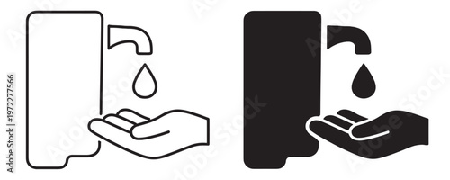 soap dispenser and hand washing icon, hygiene and sanitation concept with liquid drop and clean hands in outline and silhouette styles isolated on transparent background