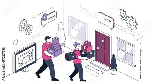 Fast home delivery service with couriers carrying stacks of parcels