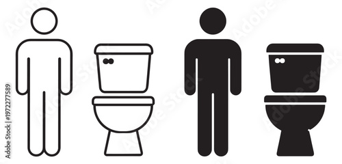 toilet and person icon set, restroom bathroom symbol with wc and human figure in outline and silhouette styles isolated on transparent background