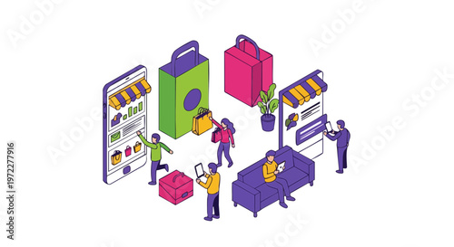 Isometric Mobile Online Shopping and E-commerce Concept Illustration