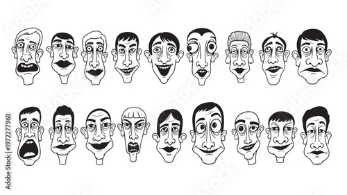Collection of distorted and expressive black and white cartoon faces