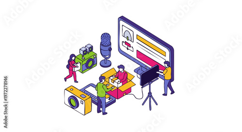 Isometric Illustration of Content Creators Filming Product Unboxing