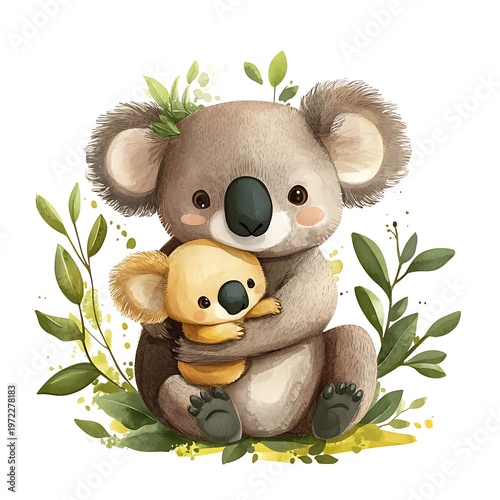 Tender Koala Embracing Cub Watercolor Illustration