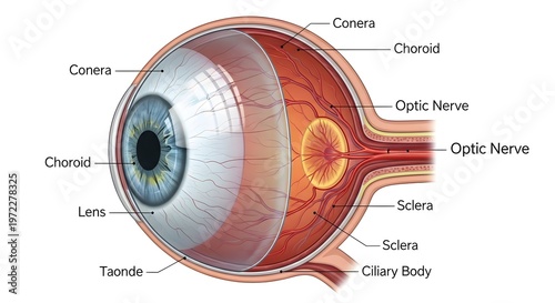 Detailed sagittal medical illustration of the human eyeball showing cornea, lens, retina, choroid, sclera and optic nerve, demonstrating internal ocular layers, visual pathway and structural relations