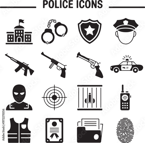 Collection of icons representing various police and law enforcement symbols