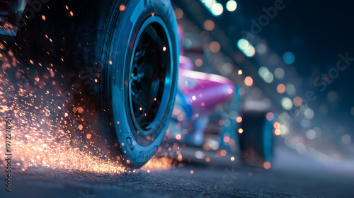 Racing Car Tire Drifting with Sparks at Night