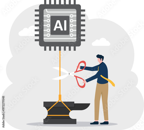 Professional cutting the rope of an AI chip from an anvil