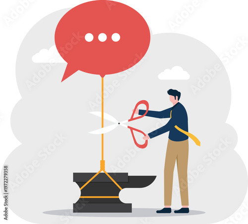 Professional cutting the rope of a chat bubble from an anvil