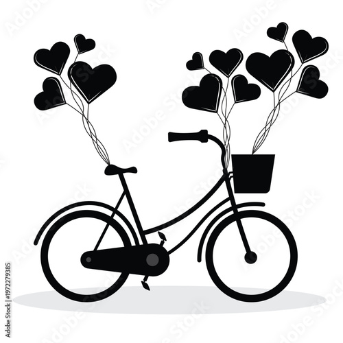 Black Silhouette of a Vintage Bicycle with Heart Shaped Balloons Floating from the Front Basket and Rear Seat Isolated on White Background