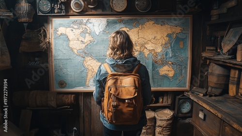 A person with a backpack studies a world map in a cozy, vintage room, surrounded by nostalgic items, likely preparing for a trip and researching local customs.