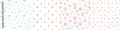 Watercolor summer seamless pattern collection with ocean waves, sea shells, coral, and ice cream