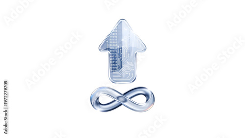 3D glass arrow up icon with infinity symbol for unlimited data upload and cloud storage.