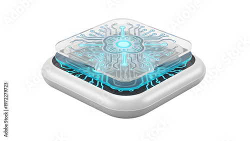 3D render of futuristic CPU microchip with glowing blue circuit board on glass plate.