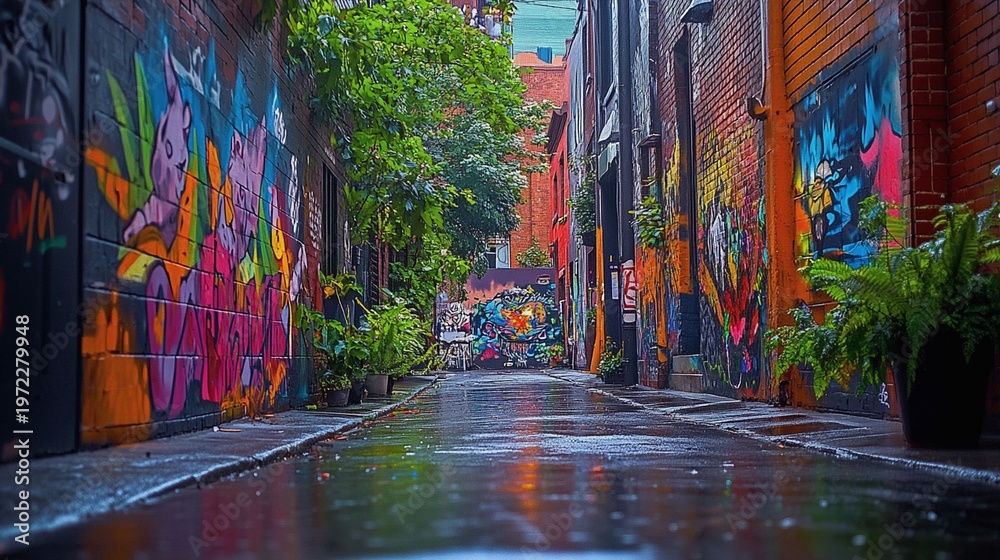 Fototapeta premium Curved narrow European street with vibrant graffiti murals and wet pavement reflections in historic neighborhood