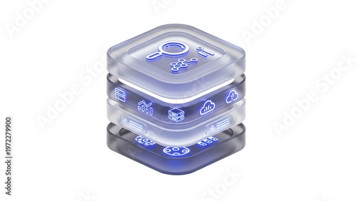 3D isometric glass cube with digital icons for cloud computing and data analysis.