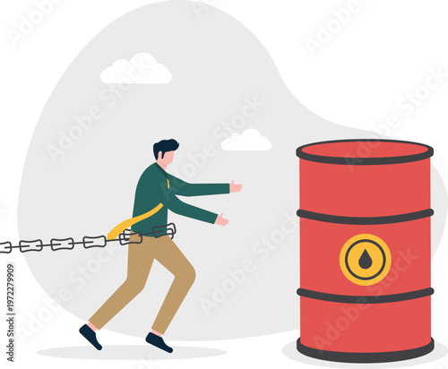 Professional in chains struggling to reach an oil barrel