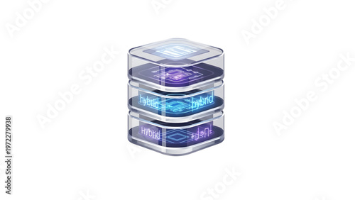 Premium 3D render of hybrid cloud server layers with glowing neon accents