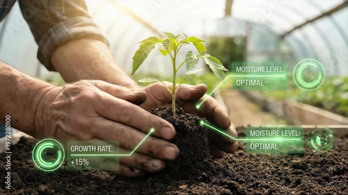Hands plant young seedling in soil with technology reading on moisture and growth rate during greenhouse work