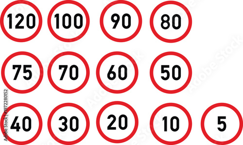 Billede på lærred Speed Limit Signs Bundle 5 to 120 KPH Road Sign Icon Vectors South Africa Style