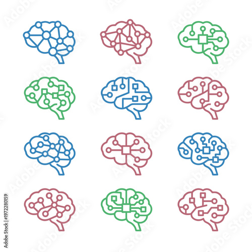 A modern minimal illustration of brains in various colorful designs