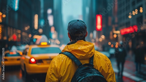 A person in a yellow raincoat and backpack stands on a city street, looking at a yellow taxi cab on a rainy day.