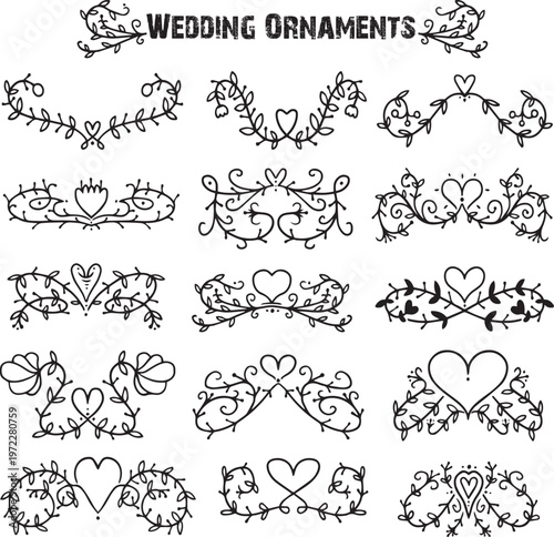 Elegant Wedding Embellishments: Exquisite collection of intricate ornaments, each meticulously crafted with intertwining vines and delicate heart motifs, symbolizing everlasting love and celebration.