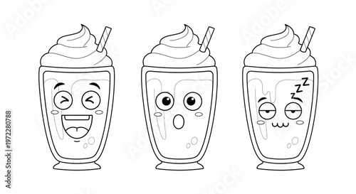 Cartoon milkshakes with different facial expressions.