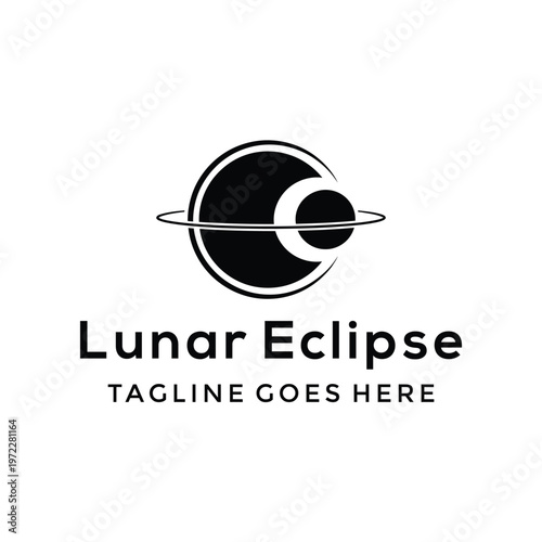 Black planet with ring crescent moon for illustrating lunar eclipse or exploration observation science logo design 