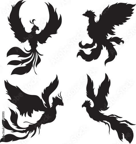 A black vector set of heraldic wings featuring silhouette designs for dragon, eagle, and griffin animal symbols used in medieval tattoo art and logo emblems