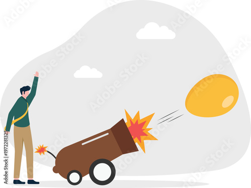 Gold coin being fired from a cannon by a professional