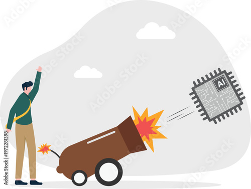 AI chip being fired from a cannon by a professional