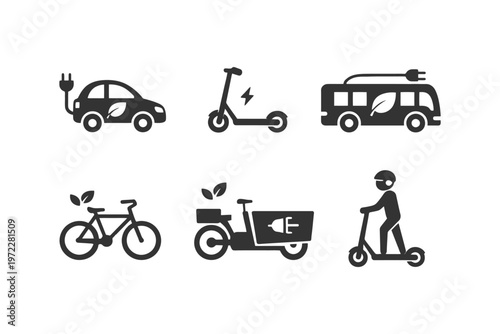 Icons of eco-friendly transportation: electric vehicles and bikes for sustainable travel.
