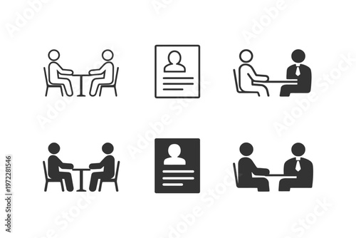 Minimalist icons of job interviews and resumes in black and white.