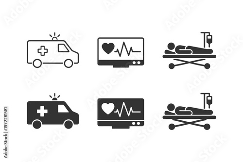 Medical icons set featuring ambulance, heart monitor, patient on hospital bed.