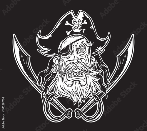 Pirate face vector, wearing black hat and eye patch