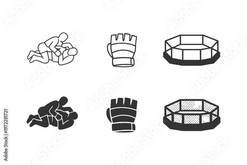 Mma icon set: grappling, gloves, and octagon cage silhouettes.