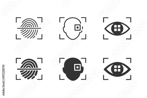Biometric identification icons featuring fingerprint, facial recognition, and eye scanning symbols.