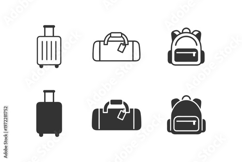 Simple icons of suitcases, duffel bags, and backpacks in black and white.