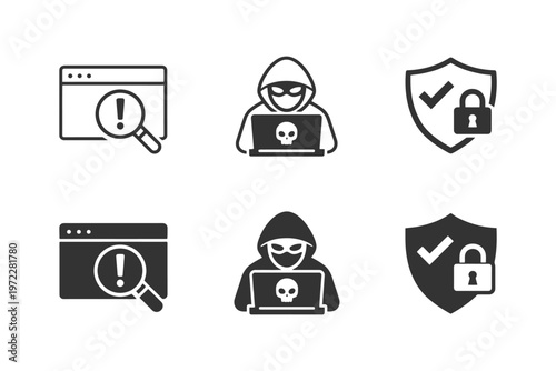 Cybersecurity symbols: hacker icon, shield, warning magnifying glass.