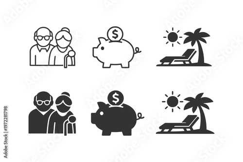Elderly couple savings piggy bank vacation relaxing beach icons set.