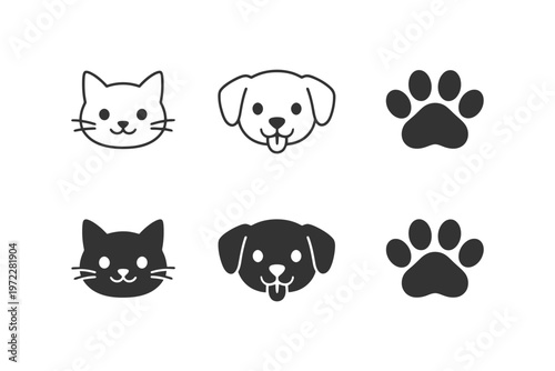 Cat and dog icons with paws set.